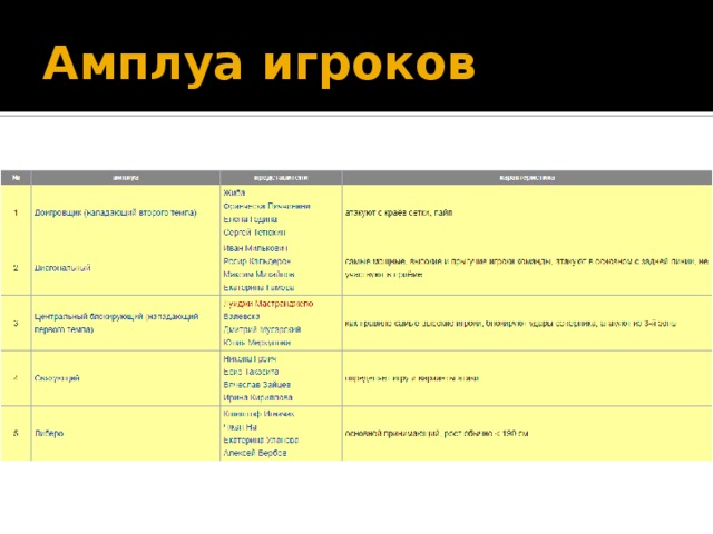Амплуа игроков 