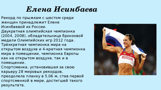 Спортсмены кратко. Елена Исинбаева Олимпийская чемпионка факты. Легкая атлетика чемпионы Елена Исинбаева доклад. Доклад о Елене Исинбаевой олимпийской чемпионке. Сообщение о спортсмене.