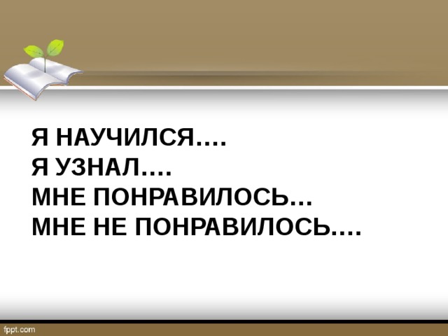 Я НАУЧИЛСЯ….  Я УЗНАЛ….  МНЕ ПОНРАВИЛОСЬ…  МНЕ НЕ ПОНРАВИЛОСЬ…. 