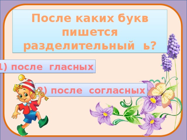 После каких букв пишется разделительный ь? 1) после гласных 1) после гласных 2) после согласных  
