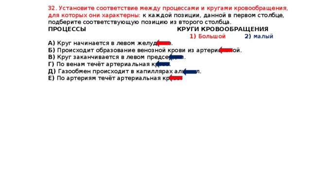 32. Установите соответствие между процессами и кругами кровообращения, для которых они характерны: к каждой позиции, данной в первом столбце, подберите соответствующую позицию из второго столбца. ПРОЦЕССЫ КРУГИ КРОВООБРАЩЕНИЯ  1) Большой 2) малый А) Круг начинается в левом желудочке. Б) Происходит образование венозной крови из артериальной. В) Круг заканчивается в левом предсердии. Г) По венам течёт артериальная кровь. Д) Газообмен происходит в капиллярах альвеол. Е) По артериям течёт артериальная кровь. 