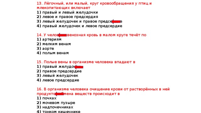 13. Лёгочный, или малый, круг кровообращения у птиц и млекопитающих включает 1) правый и левый желудочки 2) левое и правое предсердия 3) левый желудочек и правое предсердие 4) правый желудочек и левое предсердие 14. У человека венозная кровь в малом круге течёт по 1) артериям 2) мелким венам 3) аорте 4) полым венам 15. Полые вены в организме человека впадают в 1) правый желудочек 2) правое предсердие 3) левый желудочек 4) левое предсердие 16. В организме человека очищение крови от растворённых в ней продуктов обмена веществ происходит в 1) почках 2) мочевом пузыре 3) надпочечниках 4) тонком кишечнике 