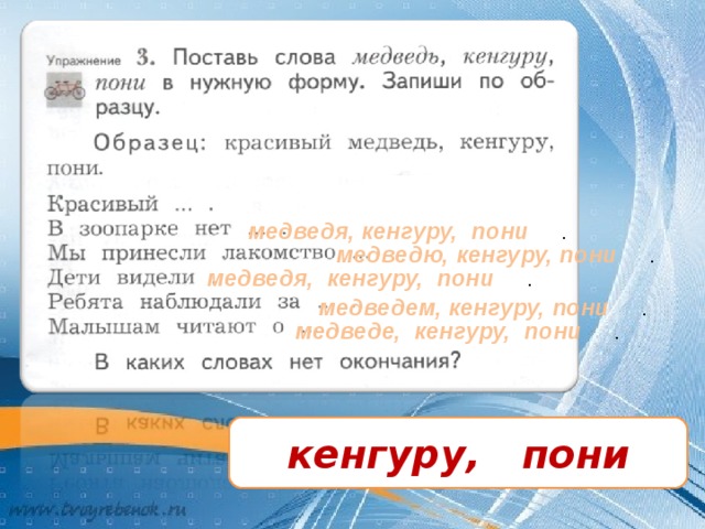 Поставь слова медведь кенгуру пони в нужную форму запиши по образцу