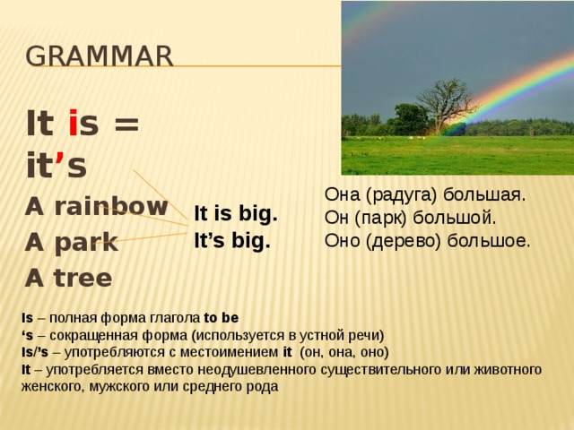 grammar It i s = it ’ s A rainbow A park A tree Она (радуга) большая. Он (парк) большой. Оно (дерево) большое. It is big. It’s big. Is – полная форма глагола to be ‘ s – сокращенная форма (используется в устной речи) Is / ’s – употребляются с местоимением it (он, она, оно) It – употребляется вместо неодушевленного существительного или животного женского, мужского или среднего рода 