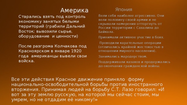  Япония   Америка  Старались взять под контроль экономику занятых белыми территорий (грабили Дальний Восток; вывозили сырье, оборудование и ценности)   После разгрома Колчакова под Красноярском в январе 1920 года американцы вывели свои войска.   Вели себя наиболее агрессивно. Они вели половину своей армии и не скрывали намерения отторгнуть от России территории с Сахалина до Байкала. Принимали активное участие в боях.  Проводили карательные операции (отличались крайней жестокостью в отношении мирного населения). Занимались мародерством. Поддерживали казаков и продержались до окончания гражданской войны. Все эти действия Красное движение приняло форму национально-освободительной борьбы против иностранного вторжения. Принимая людей на борьбу С.Т. Лазо говорил: «И вот за эту землю русскую, на которой мы сейчас стоим, мы умрем, но не отдадим её никому!» 