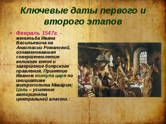 Ключевые даты первого и второго этапов Февраль 1547г. – женитьба Ивана Васильевича на Анастасии Романовой, ознаменовавшая совершеннолетие великого князя и завершение боярского правления. Принятие Иваном титула царя по инициативе митрополита Макария; Цель – усиление авторитета центральной власти. 