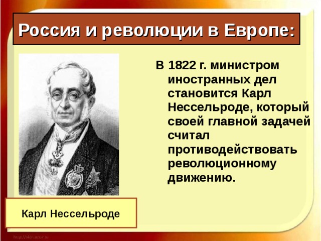 Россия и революции в Европе: В 1822 г. министром иностранных дел становится Карл Нессельроде, который своей главной задачей считал противодействовать революционному движению. Карл Нессельроде 