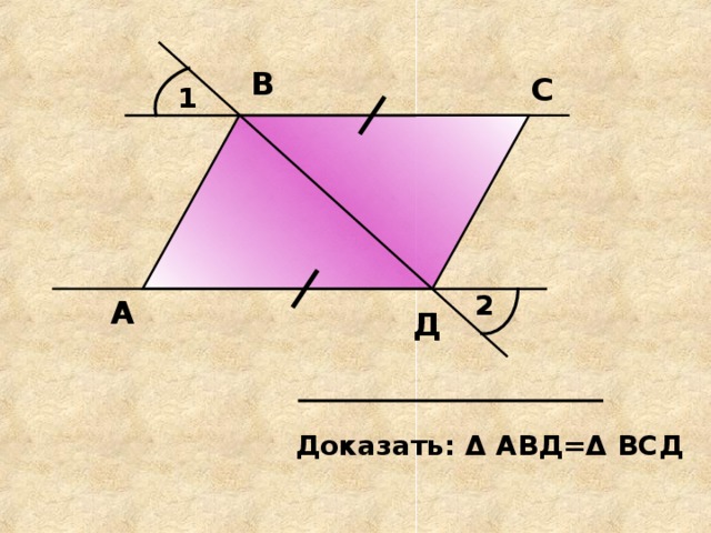 В С 1 2 А Д Доказать: Δ АВД= Δ ВСД 