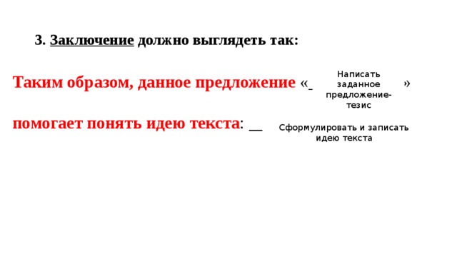 3. Заключение должно выглядеть так: Таким образом, данное предложение  «___________» помогает понять идею текста : ____________________. Написать заданное предложение-тезис Сформулировать и записать идею текста 