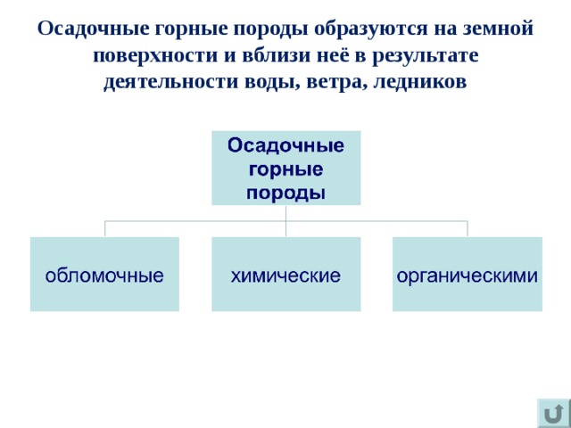 Осадочные горные породы образуются на земной поверхности и вблизи неё в результате деятельности воды, ветра, ледников 