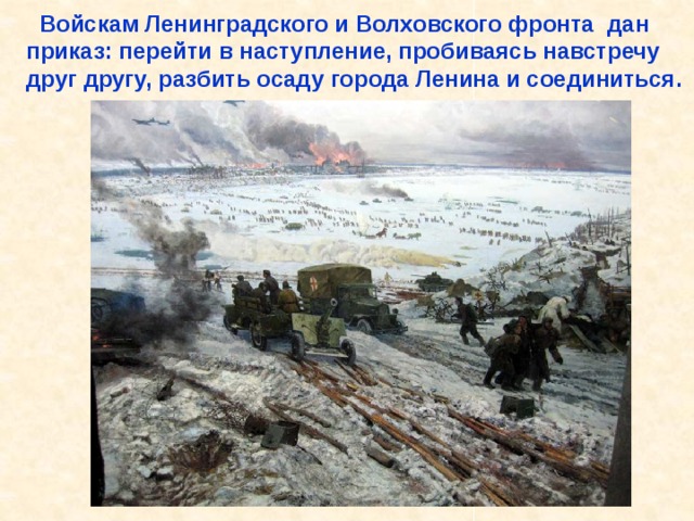  Войскам Ленинградского и Волховского фронта дан приказ: перейти в наступление, пробиваясь навстречу друг другу, разбить осаду города Ленина и соединиться. Войскам Ленинградского и Волховского фронта дан приказ: перейти в наступление, пробиваясь навстречу друг другу, разбить осаду города Ленина и соединиться. 
