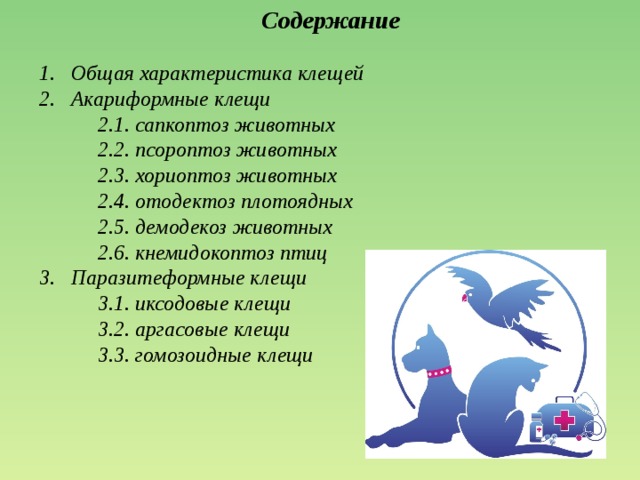  Содержание  Общая характеристика клещей Акариформные клещи  2.1. сапкоптоз животных  2.2. псороптоз животных  2.3. хориоптоз животных  2.4. отодектоз плотоядных  2.5. демодекоз животных  2.6. кнемидокоптоз птиц Паразитеформные клещи  3.1. иксодовые клещи  3.2. аргасовые клещи  3.3. гомозоидные клещи  