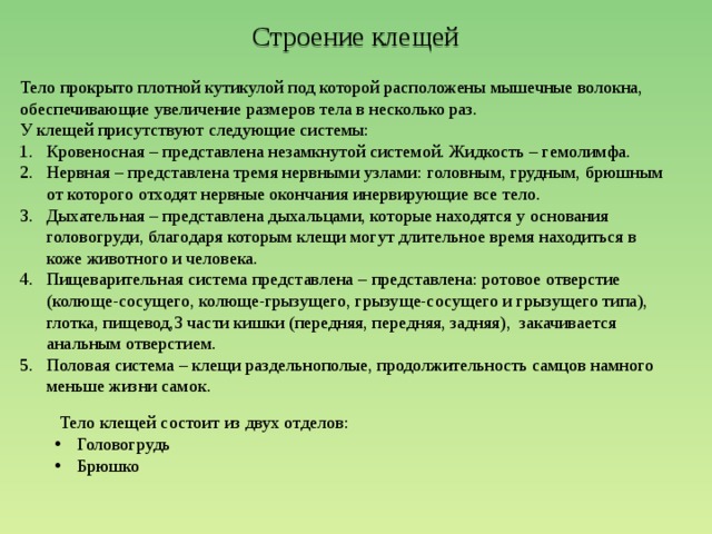 Строение клещей Тело прокрыто плотной кутикулой под которой расположены мышечные волокна, обеспечивающие увеличение размеров тела в несколько раз. У клещей присутствуют следующие системы: Кровеносная – представлена незамкнутой системой. Жидкость – гемолимфа. Нервная – представлена тремя нервными узлами: головным, грудным, брюшным от которого отходят нервные окончания инервирующие все тело. Дыхательная – представлена дыхальцами, которые находятся у основания головогруди, благодаря которым клещи могут длительное время находиться в коже животного и человека. Пищеварительная система представлена – представлена: ротовое отверстие (колюще-сосущего, колюще-грызущего, грызуще-сосущего и грызущего типа), глотка, пищевод,3 части кишки (передняя, передняя, задняя), закачивается анальным отверстием. Половая система – клещи раздельнополые, продолжительность самцов намного меньше жизни самок.  Тело клещей состоит из двух отделов: Головогрудь Брюшко 