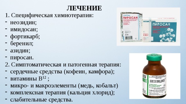 ЛЕЧЕНИЕ 1. Специфическая химиотерапия: неозидин; имидосан; фортикарб; беренил; азидин; пиросан. 2. Симптоматическая и патогенная терапия: сердечные средства (кофеин, камфора); витамины В 12 ; микро- и макроэлементы (медь, кобальт) комплексная терапия (кальция хлорид); слабительные средства. 