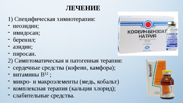 ЛЕЧЕНИЕ 1) Специфическая химиотерапия: неозидин; имидосан; беренил; азидин; пиросан. 2) Симптоматическая и патогенная терапия: сердечные средства (кофеин, камфора); витамины В 12 ; микро- и макроэлементы (медь, кобальт) комплексная терапия (кальция хлорид); слабительные средства. 