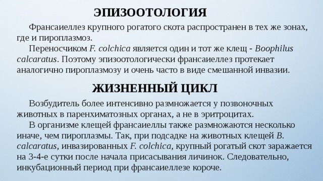 ЭПИЗООТОЛОГИЯ  Франсаиеллез крупного рогатого скота распространен в тех же зонах, где и пироплазмоз.  Переносчиком F. colchica является один и тот же клещ - Boophilus calcaratus . Поэтому эпизоотологически франсаиеллез протекает аналогично пироплазмозу и очень часто в виде смешанной инвазии. ЖИЗНЕННЫЙ ЦИКЛ  Возбудитель более интенсивно размножается у позвоночных животных в паренхиматозных органах, а не в эритроцитах.  В организме клещей франсаиеллы также размножаются несколько иначе, чем пироплазмы. Так, при подсадке на животных клещей В. calcaratus , инвазированных F. colchica , крупный рогатый скот заражается на 3-4-е сутки после начала присасывания личинок. Следовательно, инкубационный период при франсаиеллезе короче. 8 