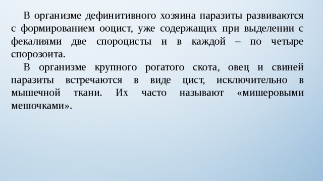  В организме дефинитивного хозяина паразиты развиваются с формированием ооцист, уже содержащих при выделении с фекалиями две спороцисты и в каждой – по четыре спорозоита.  В организме крупного рогатого скота, овец и свиней паразиты встречаются в виде цист, исключительно в мышечной ткани. Их часто называют «мишеровыми мешочками». 