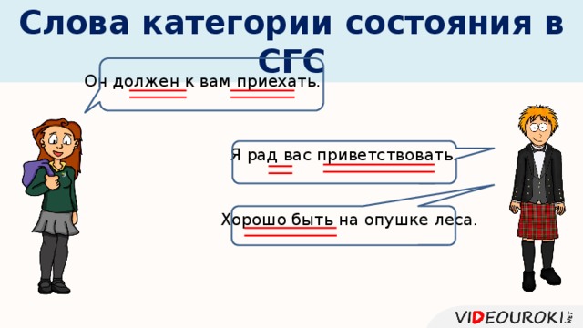 Слова категории состояния в СГС Он должен к вам приехать. Я рад вас приветствовать. Хорошо быть на опушке леса. 