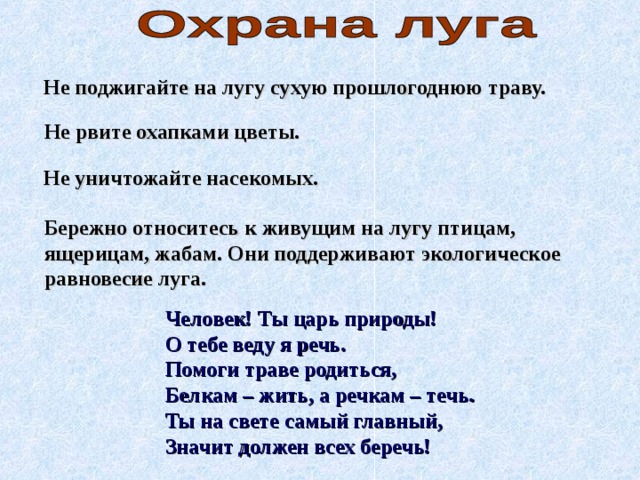 Не поджигайте на лугу сухую прошлогоднюю траву. Не рвите охапками цветы. Не уничтожайте насекомых. Бережно относитесь к живущим на лугу птицам, ящерицам, жабам. Они поддерживают экологическое равновесие луга. Человек! Ты царь природы!  О тебе веду я речь.  Помоги траве родиться,  Белкам – жить, а речкам – течь.  Ты на свете самый главный,  Значит должен всех беречь! 