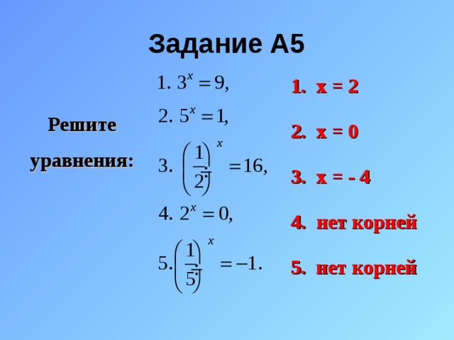 Задание A5 х = 2  х = 0  х = - 4  нет корней  5. нет корней Решите уравнения: 