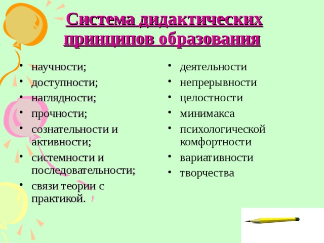  Система дидактических принципов образования научности; доступности; наглядности; прочности; сознательности и активности; системности и последовательности; связи теории с практикой.  деятельности непрерывности целостности минимакса психологической комфортности вариативности творчества  