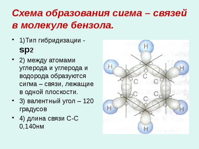 Схема образования сигма – связей в молекуле бензола. 1)Тип гибридизации - sр 2 2) между атомами углерода и углерода и водорода образуются сигма – связи, лежащие в одной плоскости. 3) валентный угол – 120 градусов 4) длина связи С-С 0,140нм 