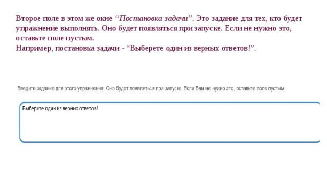 Второе поле в этом же окне “Постановка задачи” . Это задание для тех, кто будет упражнение выполнять. Оно будет появляться при запуске. Если не нужно это, оставьте поле пустым. Например, постановка задачи - “Выберете один из верных ответов!”. 