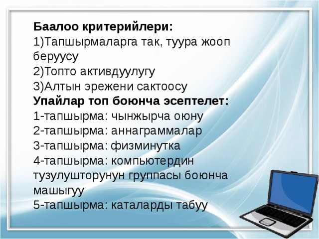 Баалоо критерийлери: Тапшырмаларга так, туура жооп беруусу Топто активдуулугу Алтын эрежени сактоосу Упайлар топ боюнча эсептелет: 1-тапшырма: чынжырча оюну 2-тапшырма: аннаграммалар 3-тапшырма: физминутка 4-тапшырма: компьютердин тузулушторунун группасы боюнча машыгуу 5-тапшырма: каталарды табуу 