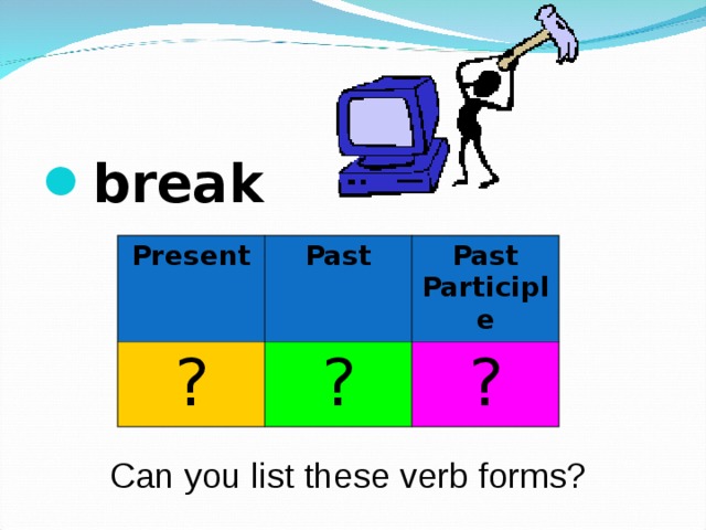 break  Present ? Past Past Participle ? ? Can you list these verb forms? 