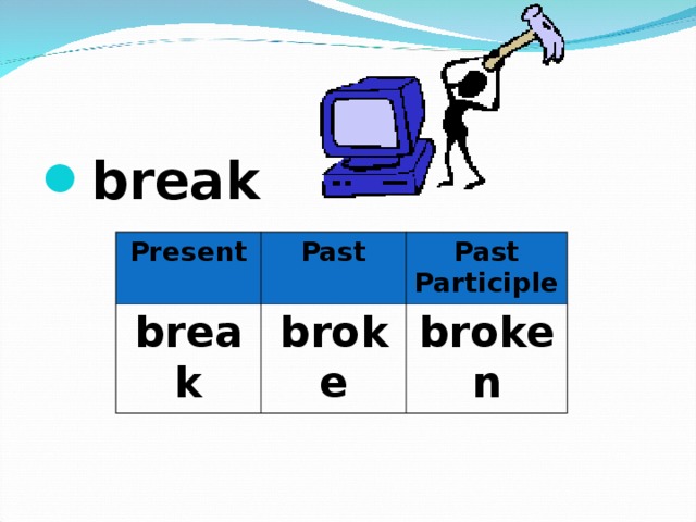 Broken прошедшее время. Break в презент. Break past.