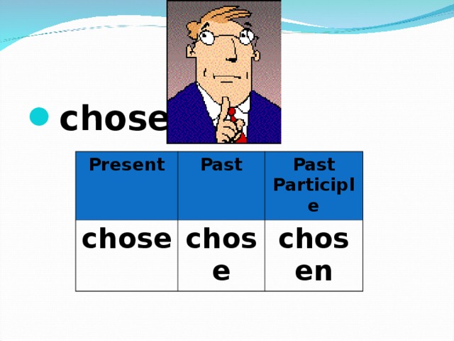 chose  Present chose Past Past Participle chose chosen 
