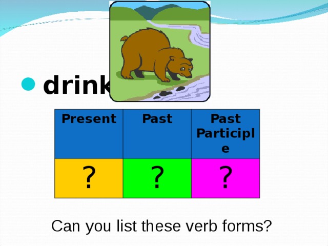 drink  Present ? Past Past Participle ? ? Can you list these verb forms? 