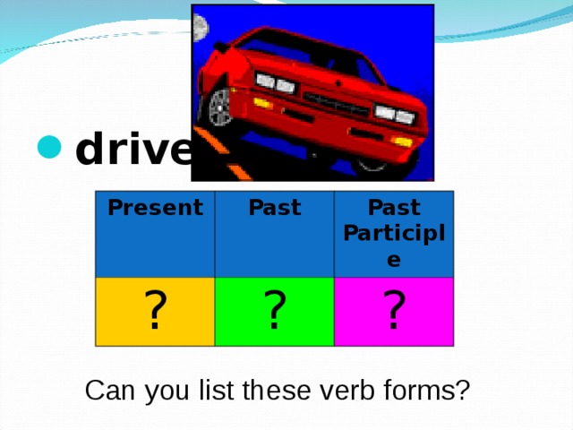 drive  Present ? Past Past Participle ? ? Can you list these verb forms? 