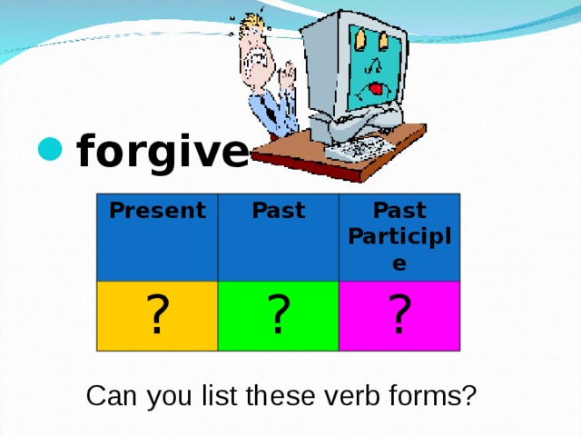forgive  Present ? Past Past Participle ? ? Can you list these verb forms? 