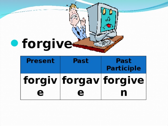 forgive  Present forgive Past Past Participle forgave forgiven 