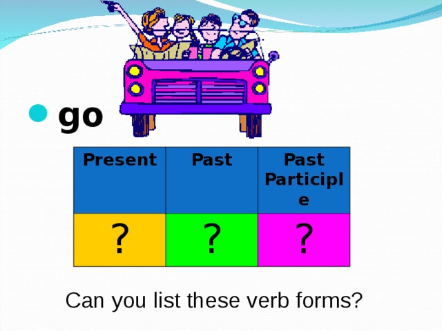 go  Present ? Past Past Participle ? ? Can you list these verb forms? 