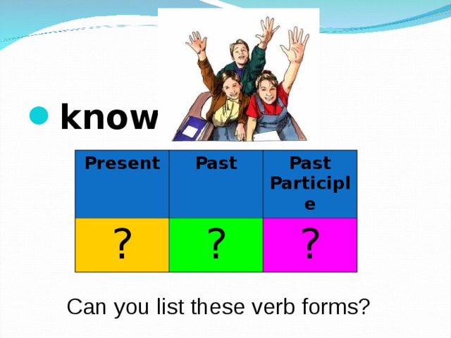 know  Present ? Past Past Participle ? ? Can you list these verb forms? 