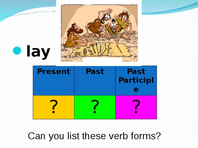 lay  Present ? Past Past Participle ? ? Can you list these verb forms? 