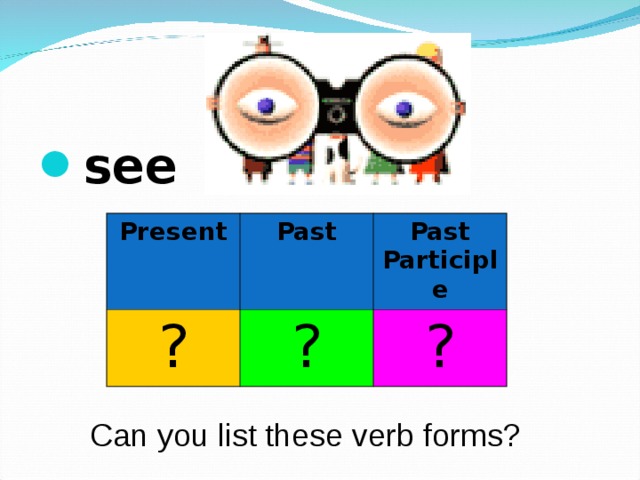 see  Present ? Past Past Participle ? ? Can you list these verb forms? 