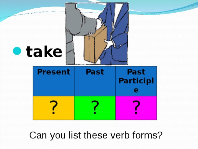 take  Present ? Past Past Participle ? ? Can you list these verb forms? 