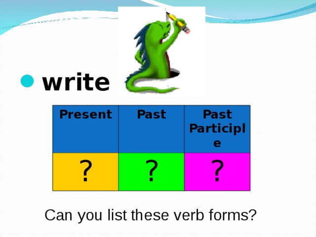 write  Present ? Past Past Participle ? ? Can you list these verb forms? 
