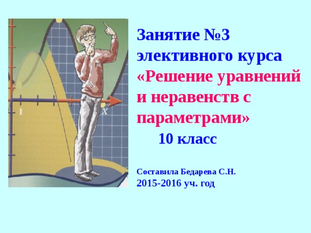 Занятие №3 элективного курса «Решение уравнений и неравенств с параметрами»   10 класс  Составила Бедарева С.Н. 2015-2016 уч. год