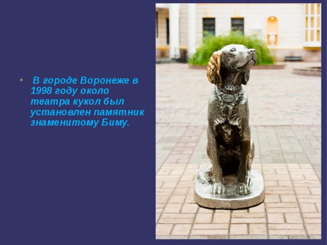   В городе Воронеже в 1998 году около театра кукол был установлен памятник знаменитому Биму. 