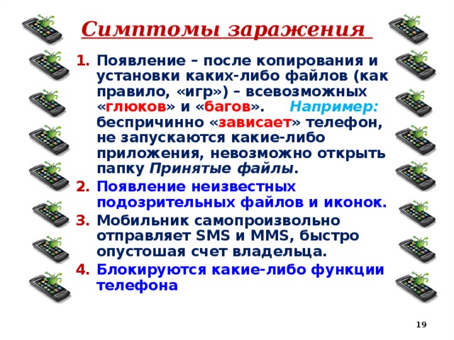 Симптомы заражения Появление – после копирования и установки каких-либо файлов (как правило, «игр») – всевозможных « глюков » и « багов ». Например: беспричинно « зависает » телефон, не запускаются какие-либо приложения, невозможно открыть папку Принятые файлы . Появление неизвестных подозрительных файлов и иконок. Мобильник самопроизвольно отправляет SMS и MMS, быстро опустошая счет владельца. Блокируются какие-либо функции телефона   