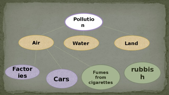 Pollution Air Water  Land  rubbish Factories Fumes from cigarettes Cars  