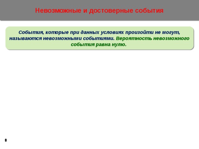 Невозможные и достоверные события События, которые при данных условиях произойти не могут, называются невозможными событиями. Вероятность невозможного события равна нулю.     