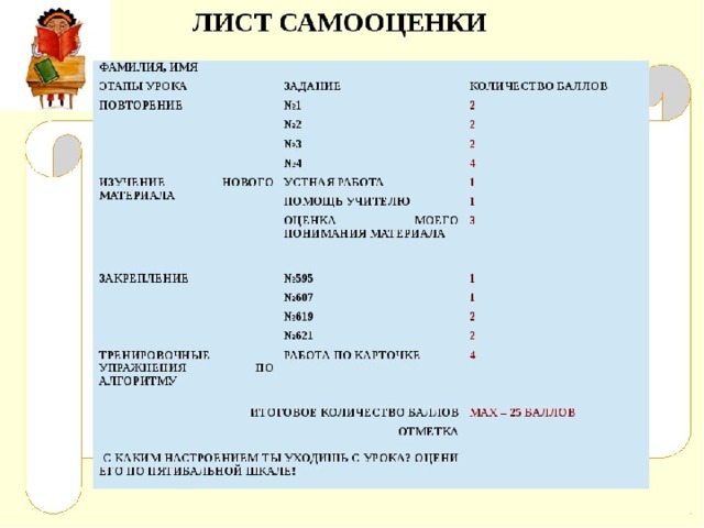 Лист самооценки ученика на уроке в начальной школе образец