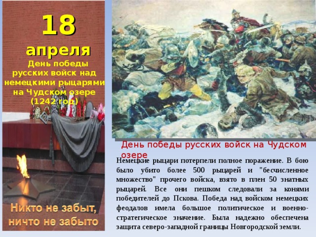 18 апреля день. День Победы на Чудском озере. 18 Апреля праздник день воинской славы. Победа русского войска над немецкими рыцарями в Чудском озере 1242. День Победы русских войск на Чудском озере.