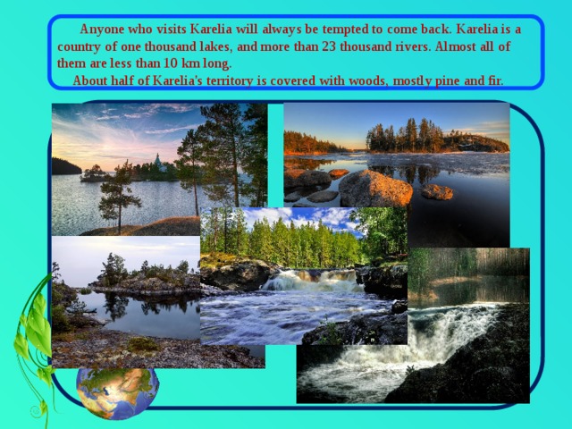  Anyone who visits Karelia will always be tempted to come back. Karelia is a country of one thousand lakes, and more than 23 thousand rivers. Almost all of them are less than 10 km long.  About half of Karelia's territory is covered with woods, mostly pine and fir. 