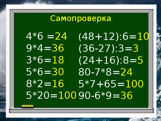 Самопроверка 4*6 = 24 9*4= 36 3*6= 18 5*6= 30 8*2= 16 5*20= 100 ( 48+12):6= 10 (36-27):3= 3 (24+16):8= 5 80-7*8= 24 5*7+65= 100 90-6*9= 36 
